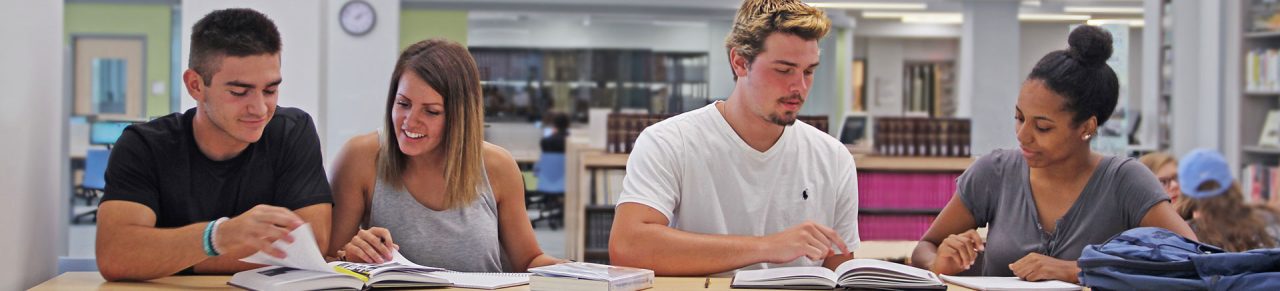 Blayzer Digital shows four college students studying together in a bright library to illustrate education marketing and engaging web development.