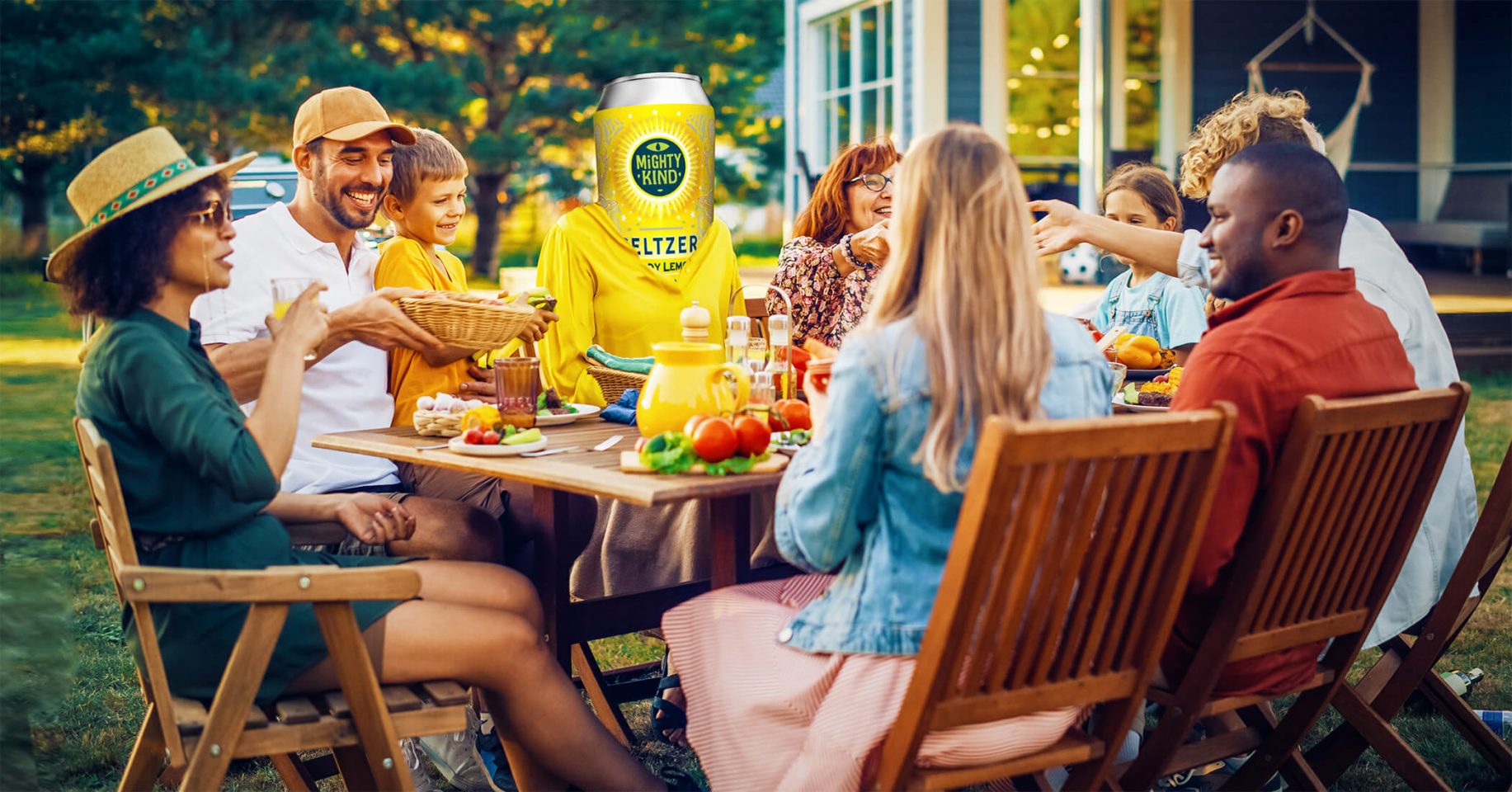 Family-style outdoor meal with friends and a Mighty Kind lemon CBD seltzer can character promoting cannabis beverages.