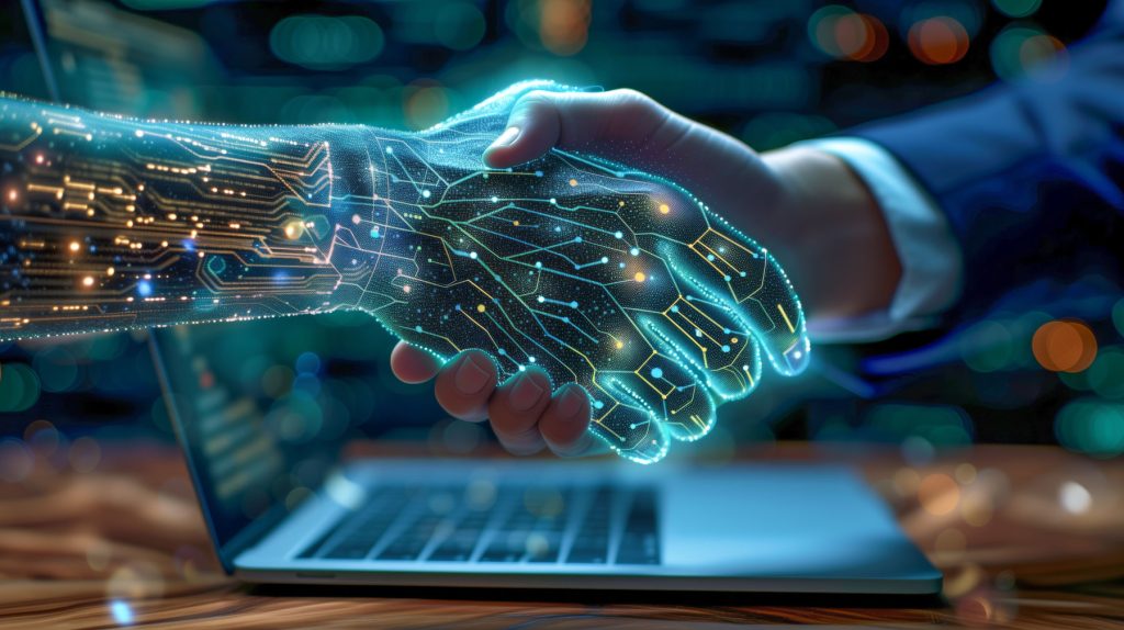 Blayzer Digital shows a glowing robotic hand from a laptop shaking hands with a person in a suit symbolizing AI and human partnership in ecommerce.