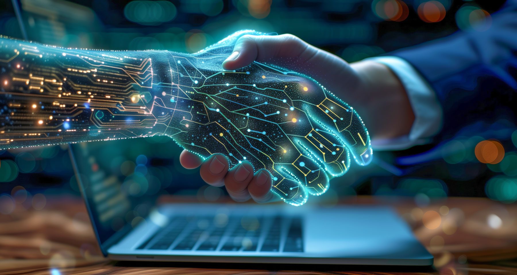 Blayzer Digital shows a glowing robotic hand from a laptop shaking hands with a person in a suit symbolizing AI and human partnership in ecommerce.