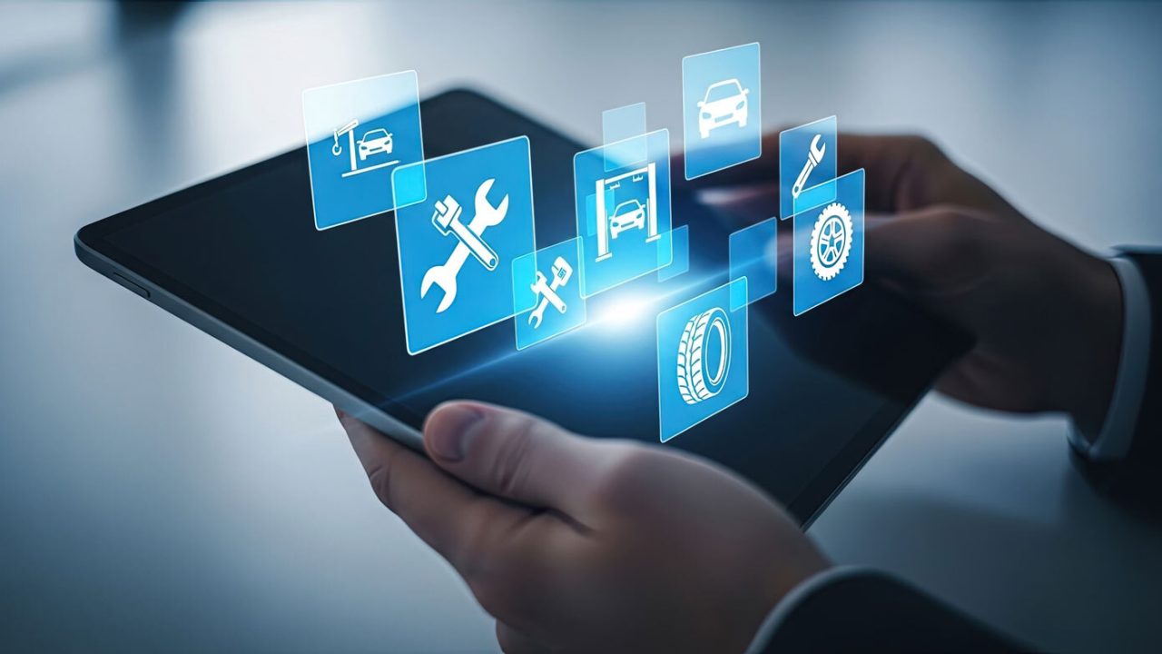 Hands holding a tablet with holographic icons of cars and wrenches floating above the screen