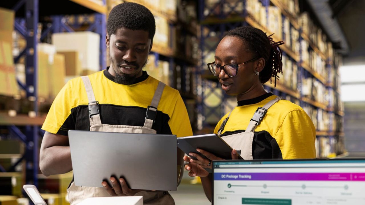 warehouse workers using computer to manage inventory