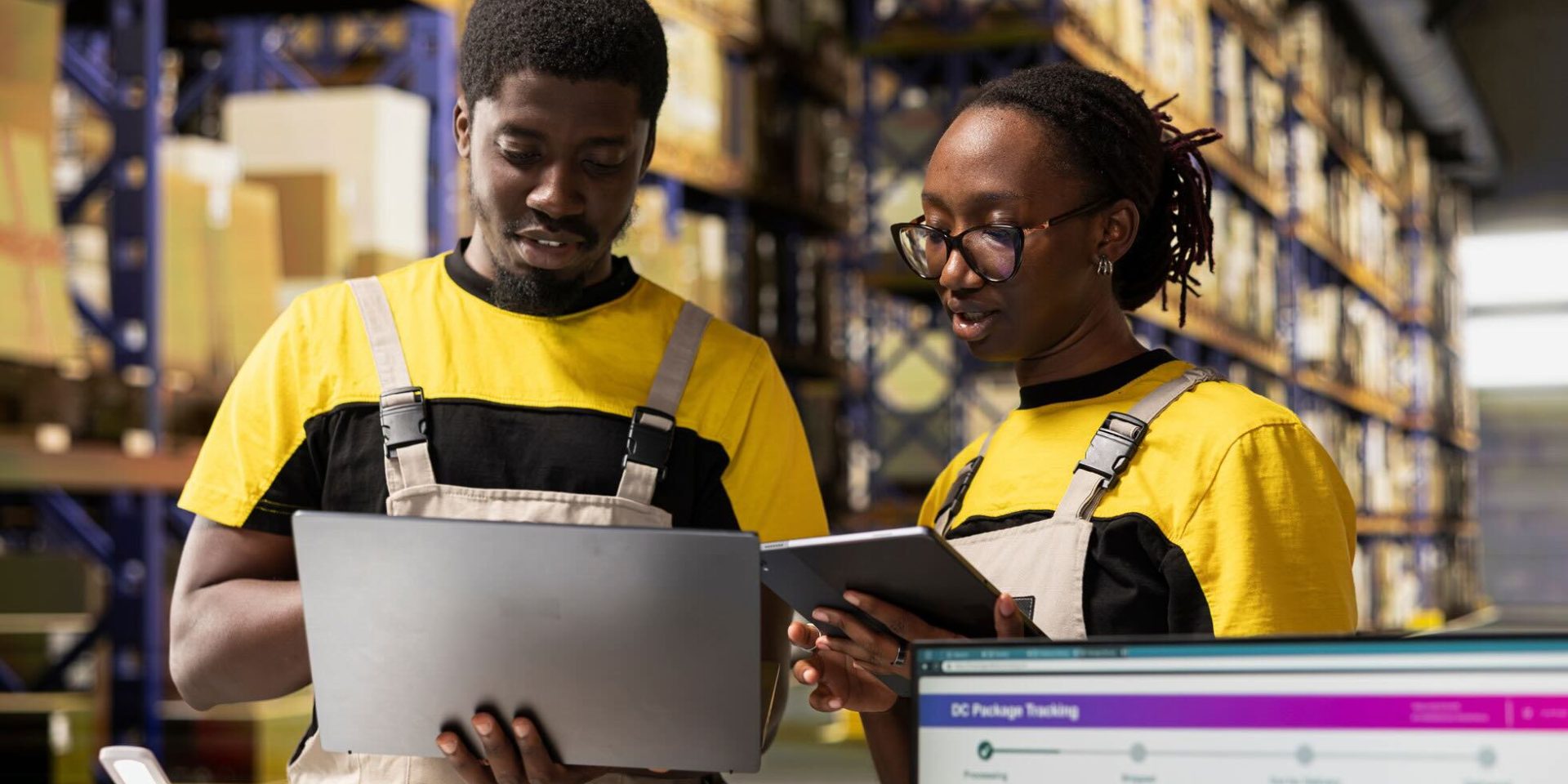 warehouse workers using computer to manage inventory