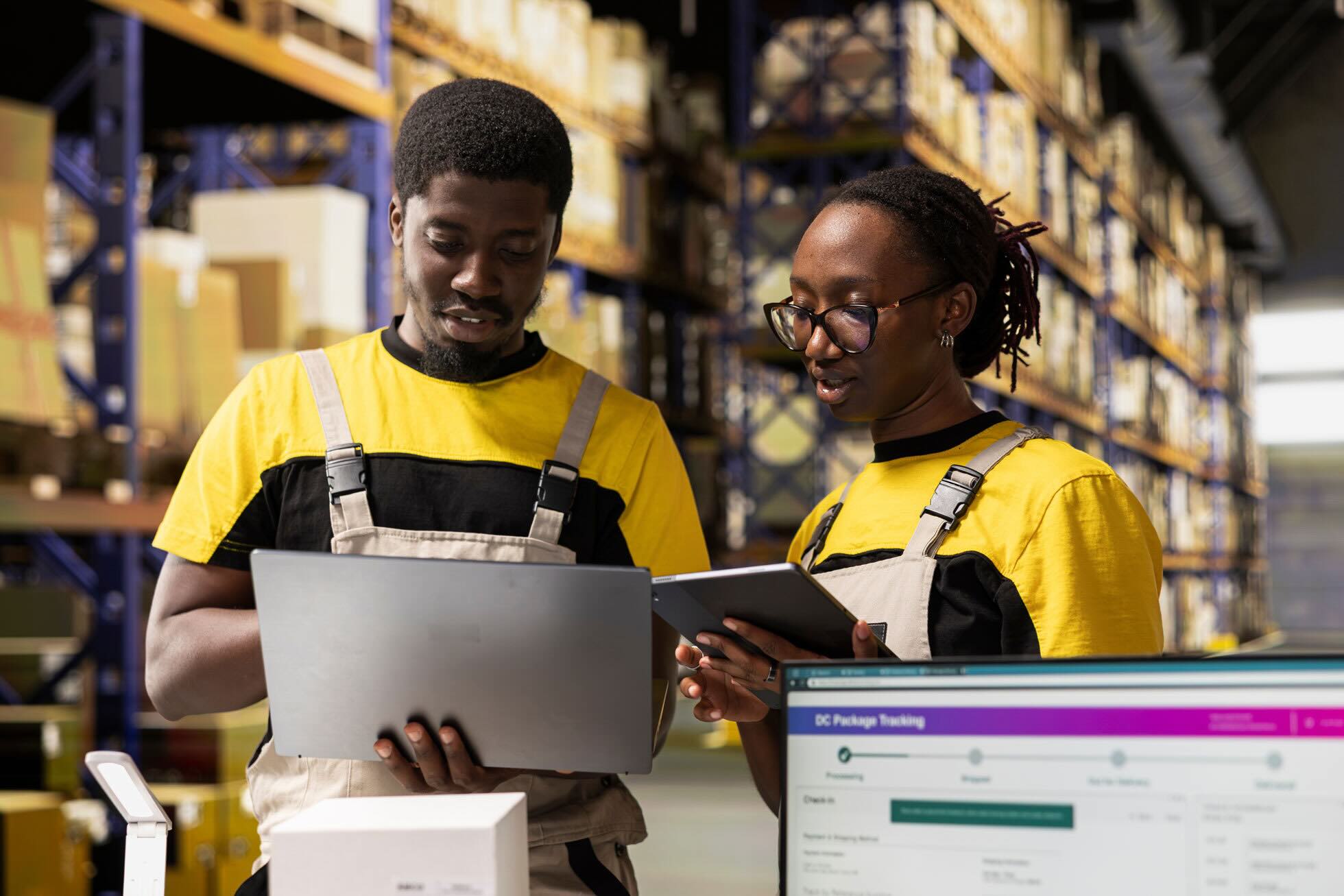 warehouse workers using computer to manage inventory
