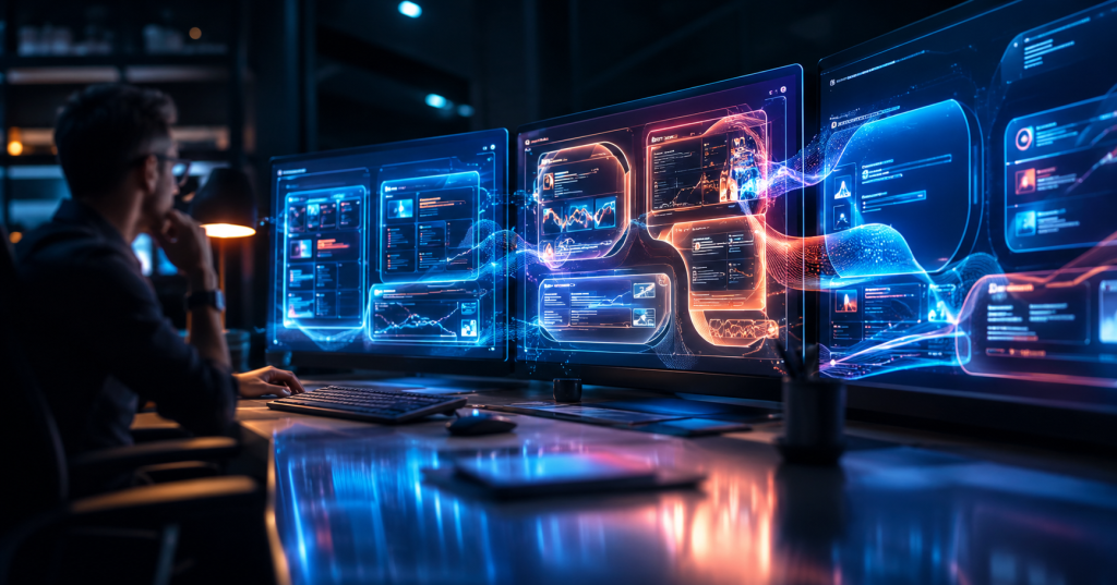 Agency professional reviewing new Google ad formats 2026 on futuristic multi-screen workstation setup