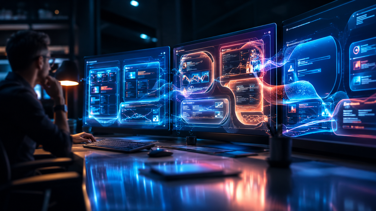 Agency professional reviewing new Google ad formats 2026 on futuristic multi-screen workstation setup