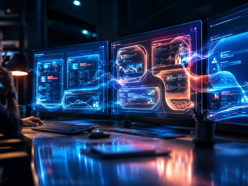 Agency professional reviewing new Google ad formats 2026 on futuristic multi-screen workstation setup
