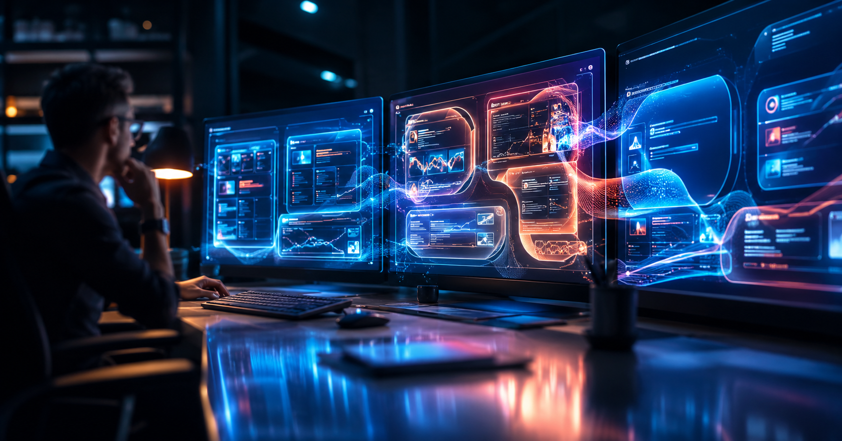 Agency professional reviewing new Google ad formats 2026 on futuristic multi-screen workstation setup