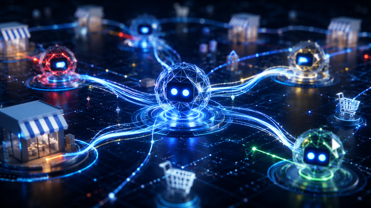 Google AI shopping protocol connecting ecommerce stores through autonomous AI agents and digital commerce network visualization