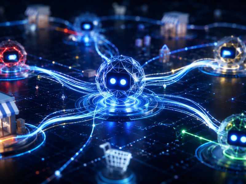 Google AI shopping protocol connecting ecommerce stores through autonomous AI agents and digital commerce network visualization