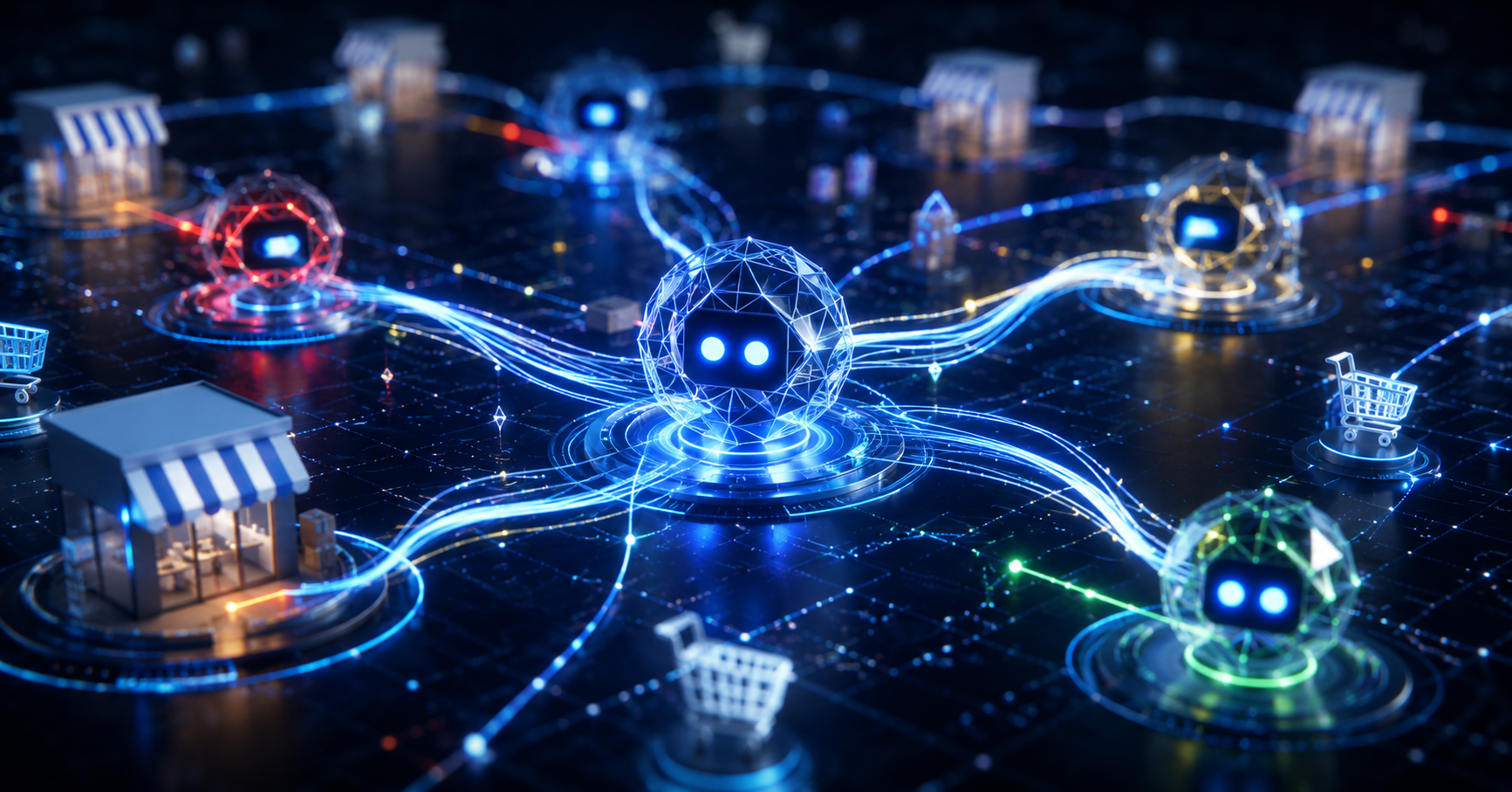Google AI shopping protocol connecting ecommerce stores through autonomous AI agents and digital commerce network visualization