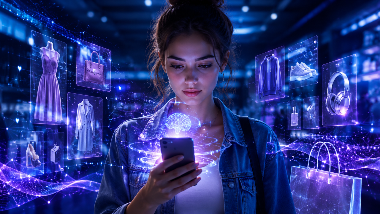 Shopper using AI search ecommerce interface with personalized product recommendations floating on smartphone screen
