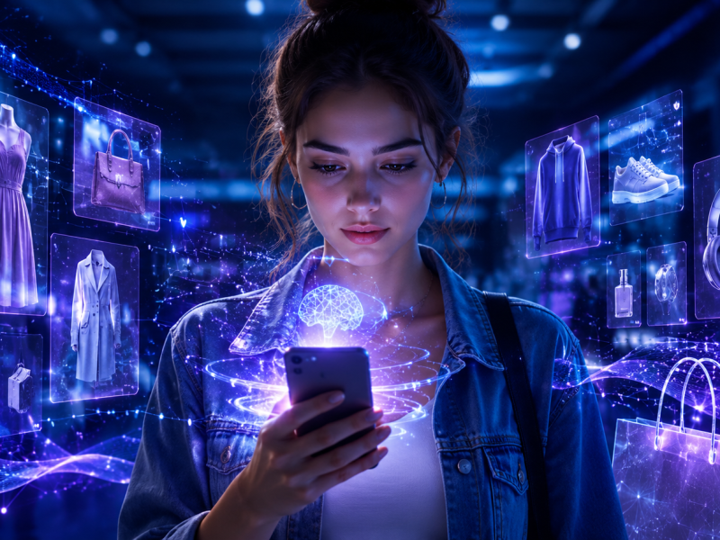 Shopper using AI search ecommerce interface with personalized product recommendations floating on smartphone screen