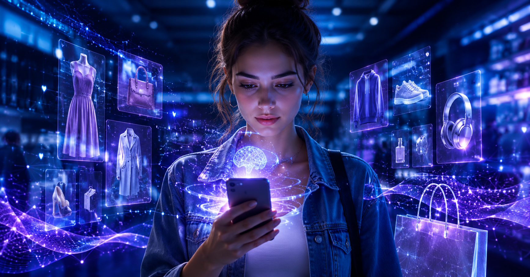 Shopper using AI search ecommerce interface with personalized product recommendations floating on smartphone screen