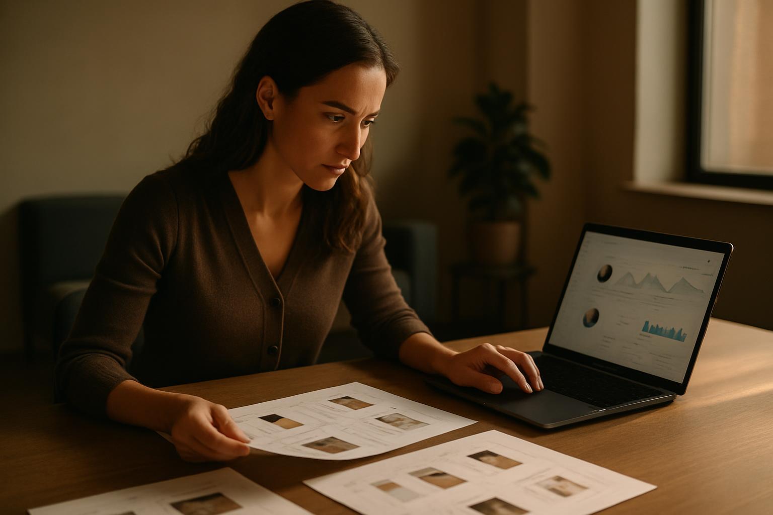 Content strategist reviewing ecommerce SEO and product page copy at a modern desk