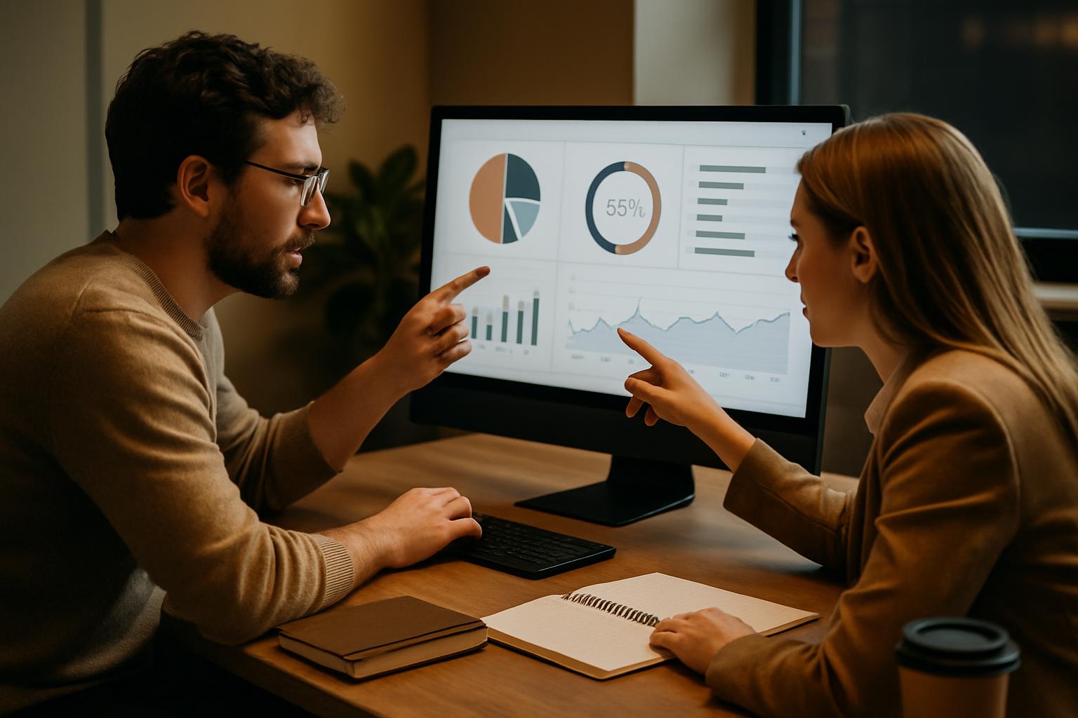 Developer and digital marketer collaborating on a technical SEO audit at a shared workstation