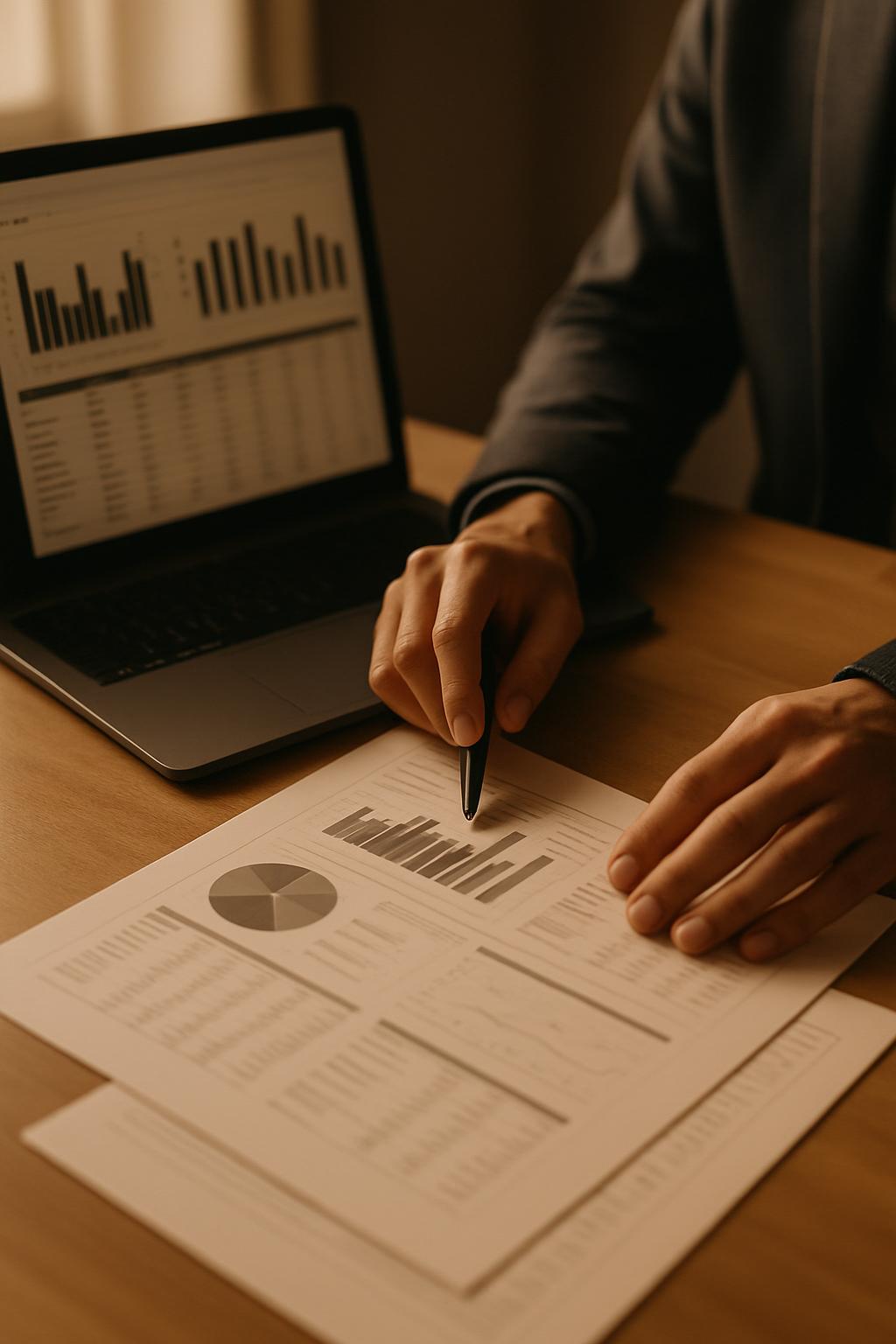 Technical SEO professional reviewing a structured audit report at a clean workspace