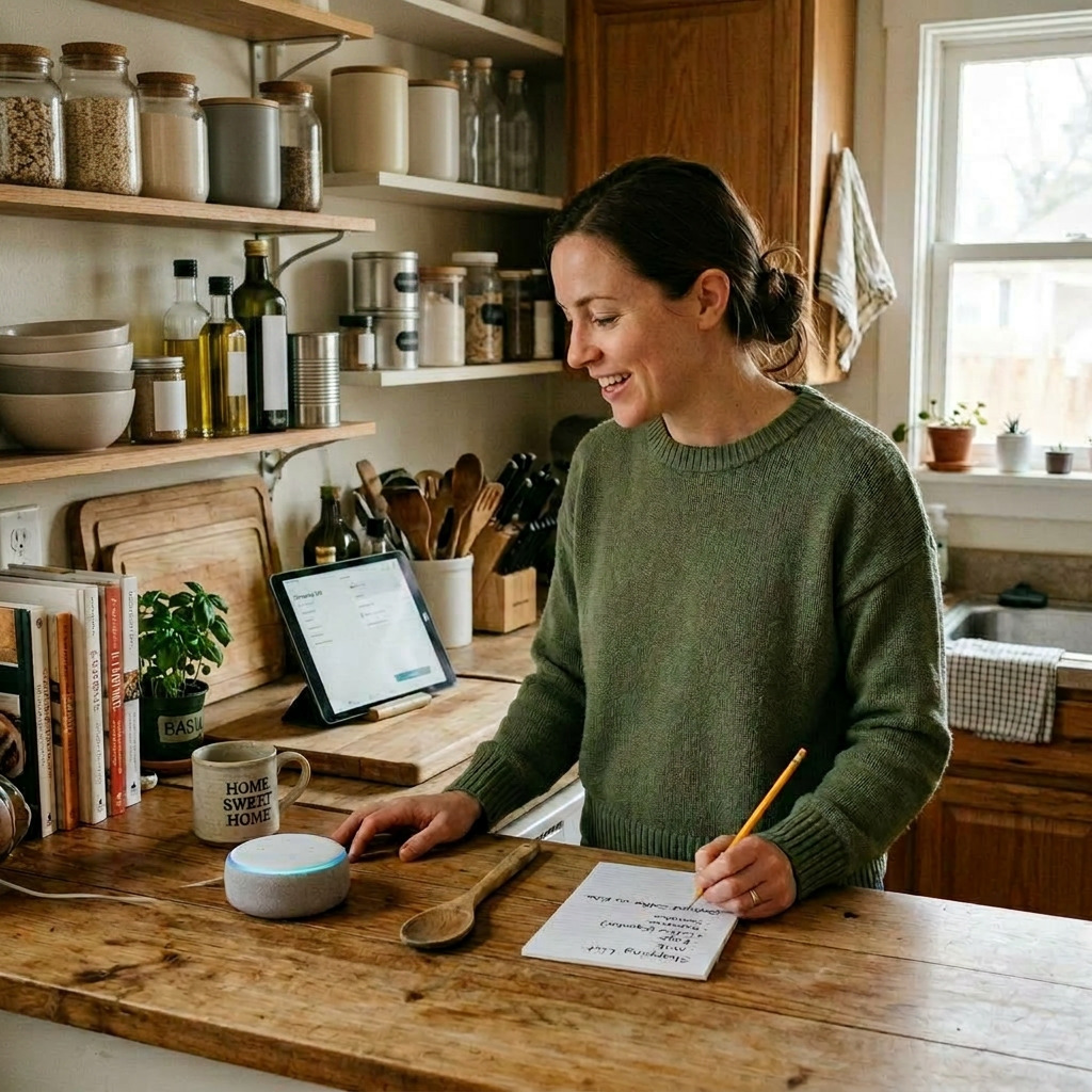 Person using AI voice assistant for agentic shopping in a natural home environment