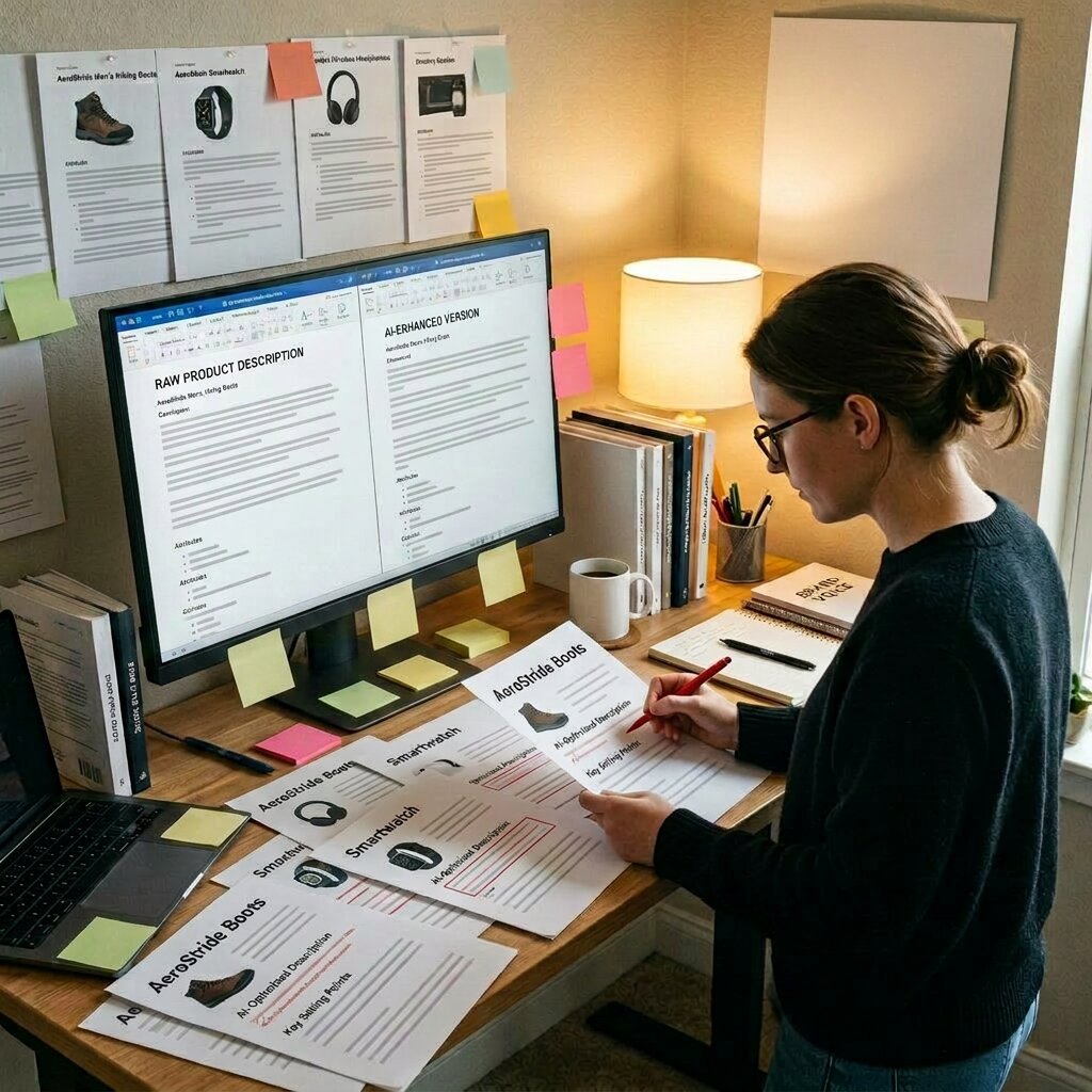 Content strategist reviewing ecommerce product descriptions for AI commerce quality standards