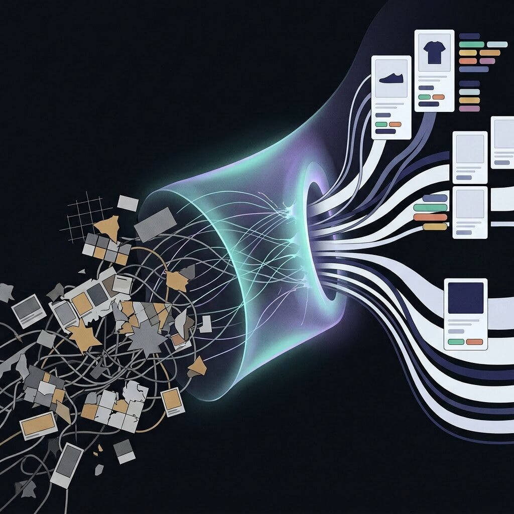 Abstract product feed optimization graphic showing data transformation for AI-powered retail