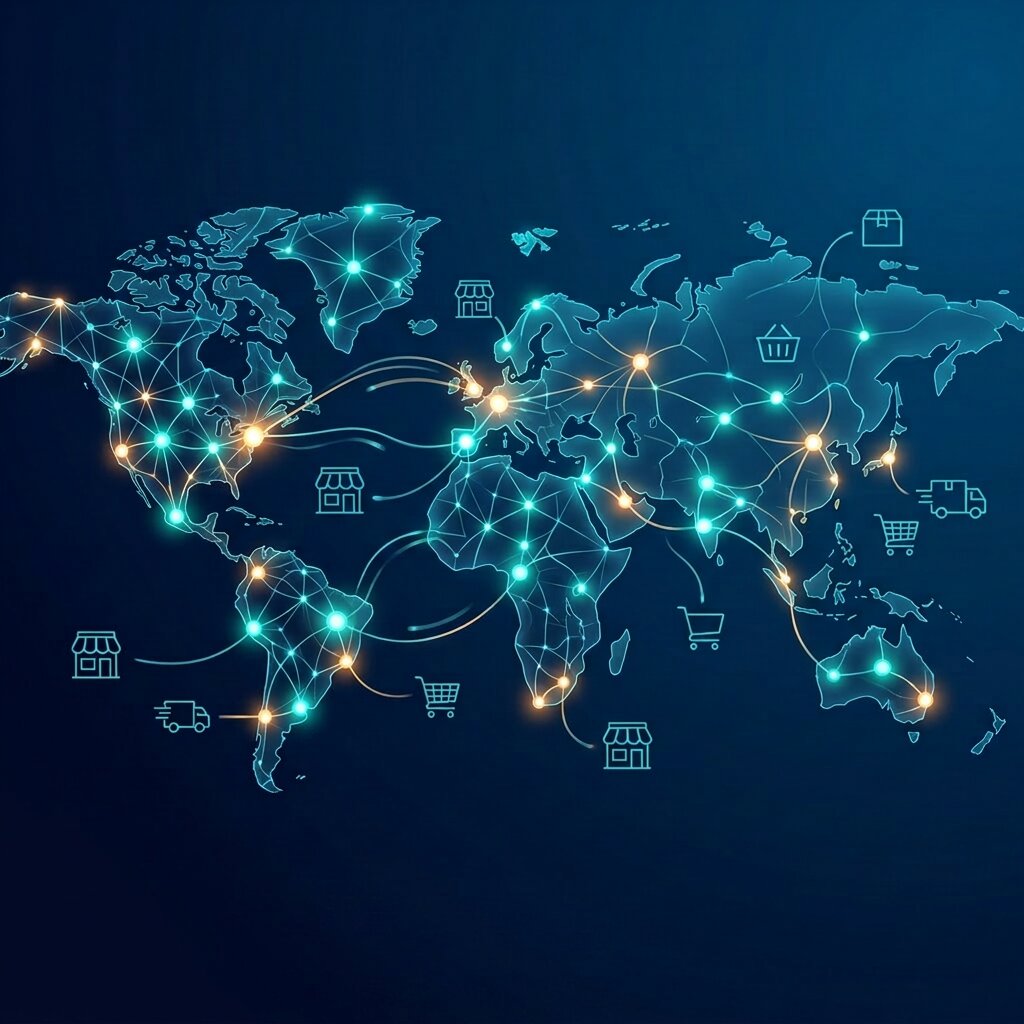 Abstract partner network diagram representing AI commerce feed distribution and data partnerships