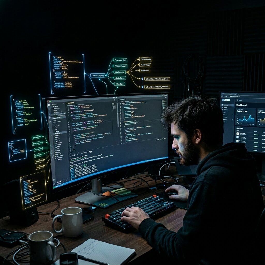 Developer working on ecommerce platform integration and API configuration in a dark studio workspace