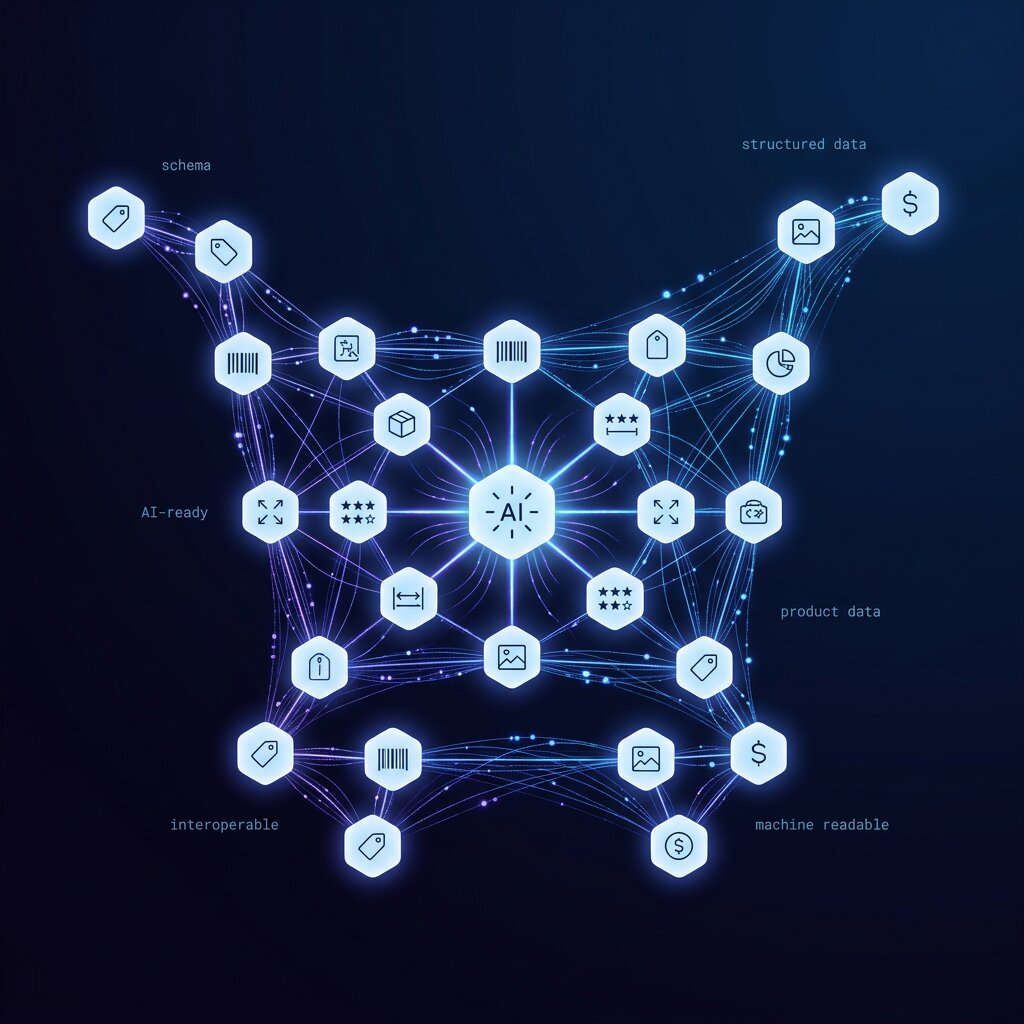 Abstract visualization of structured product data and schema markup for AI commerce readiness