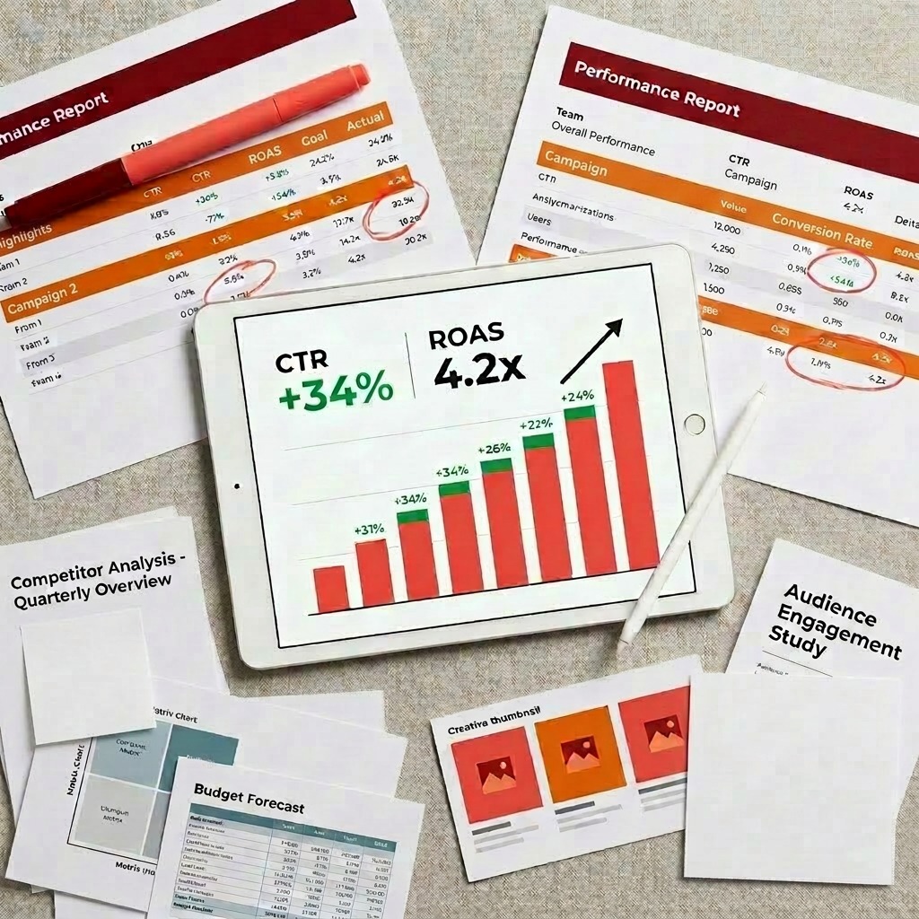 Flat-lay of AI advertising campaign workspace with performance reports and tablet