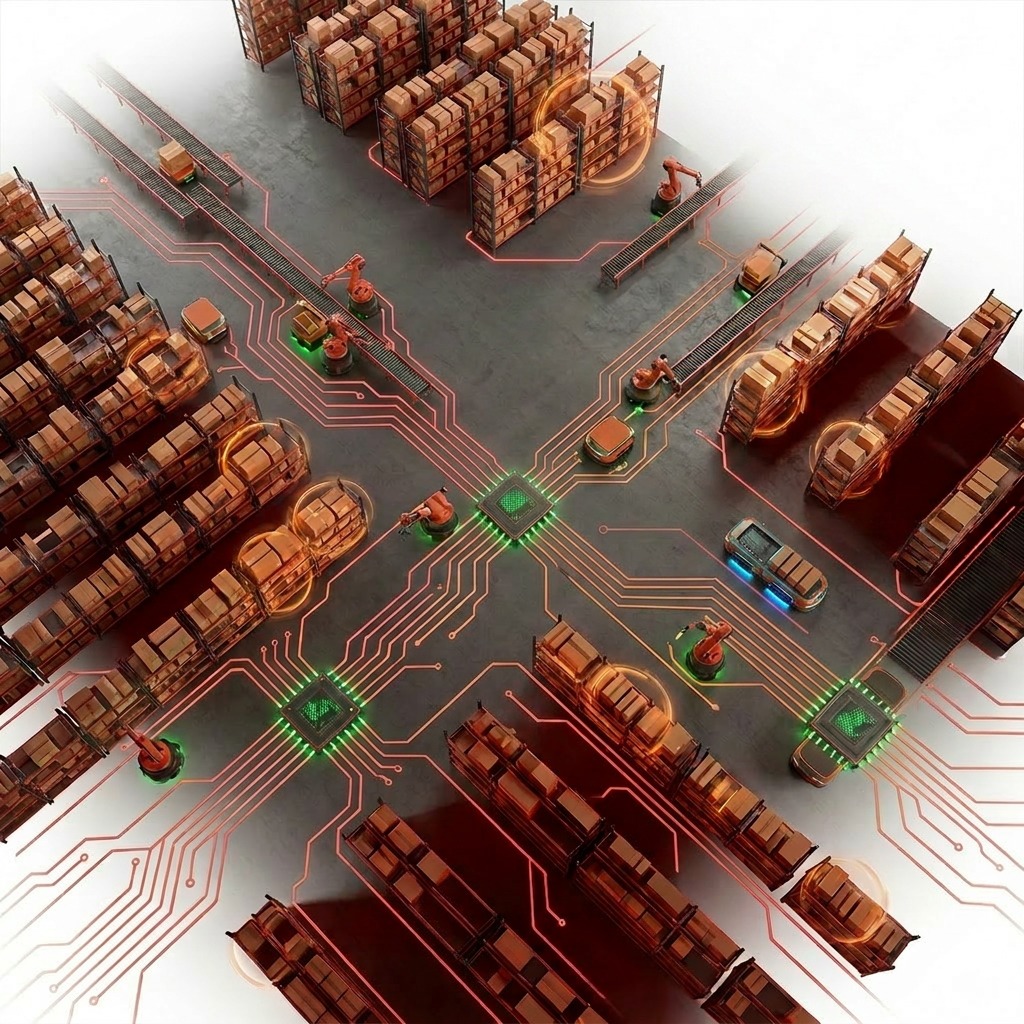 Warehouse fulfillment center representing AI-driven commerce and product visibility services