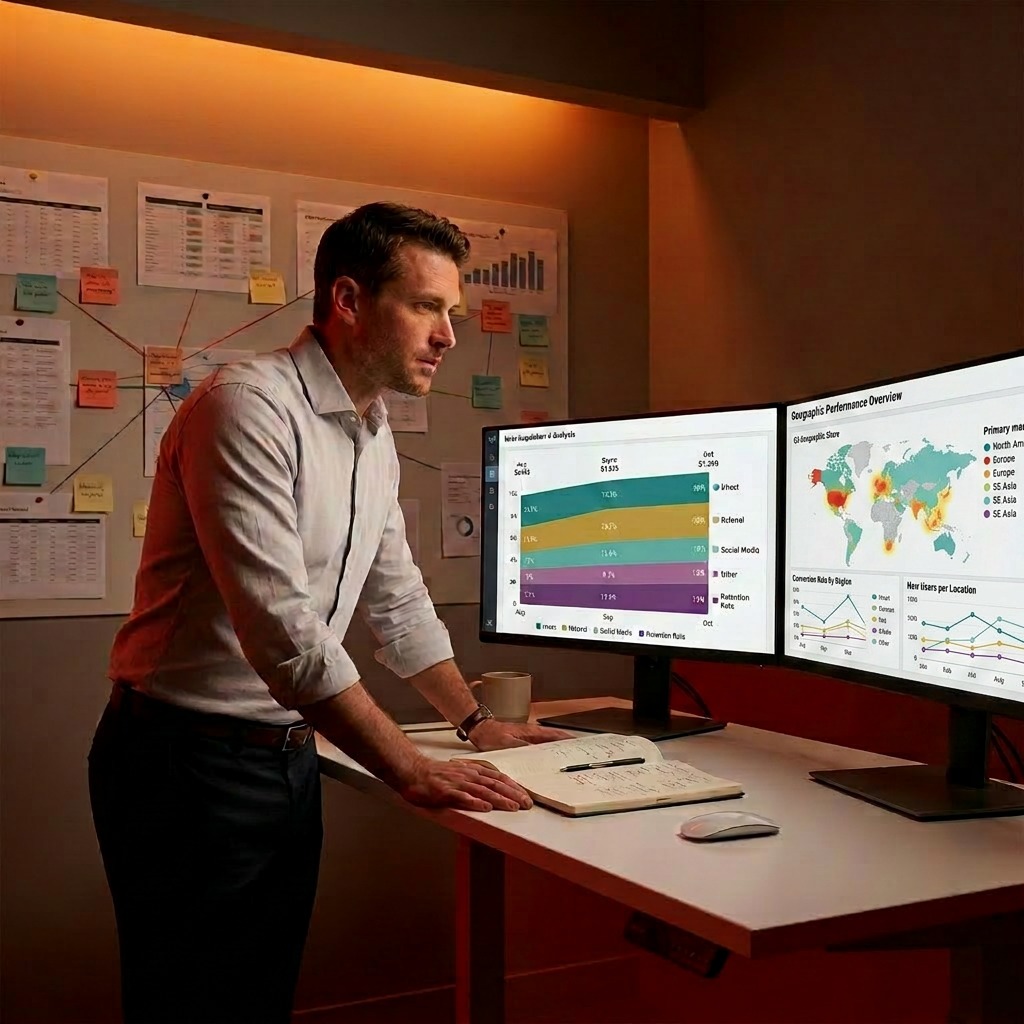Marketing professional reviewing AI search optimization analytics on dual monitors