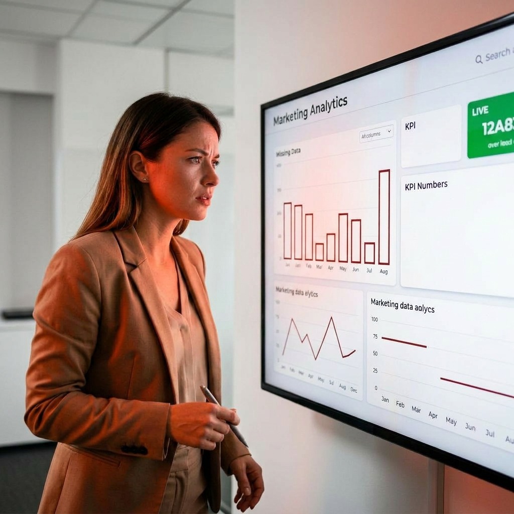 Marketing analyst reviewing a broken analytics dashboard with missing data gaps