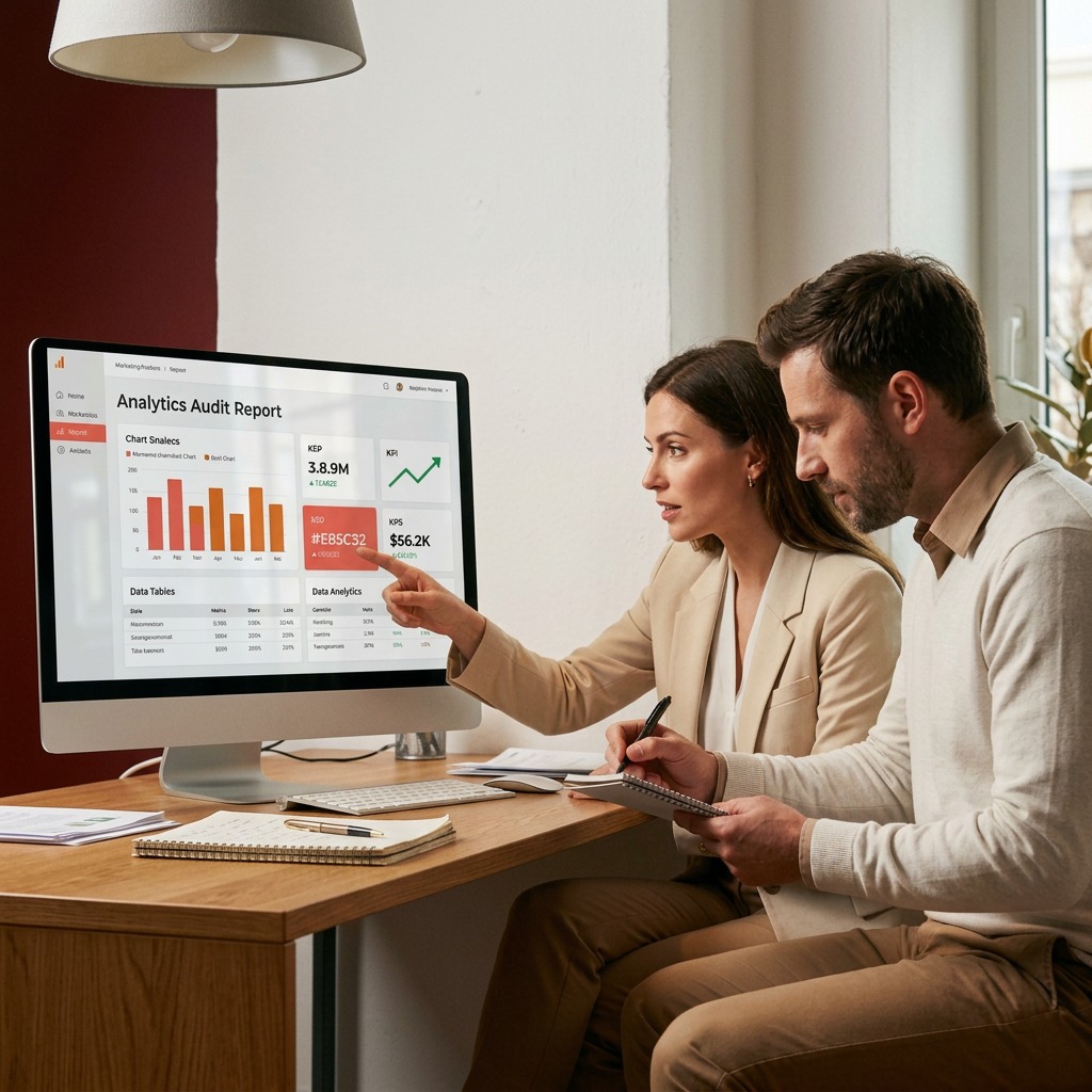 Two marketing professionals reviewing a clean analytics audit report on a monitor