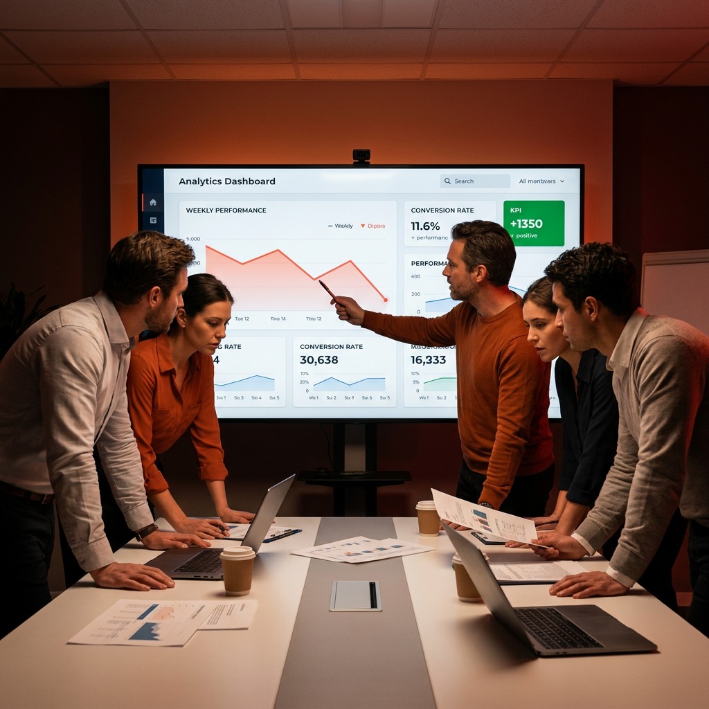 Marketing team reviewing analytics reporting dashboards