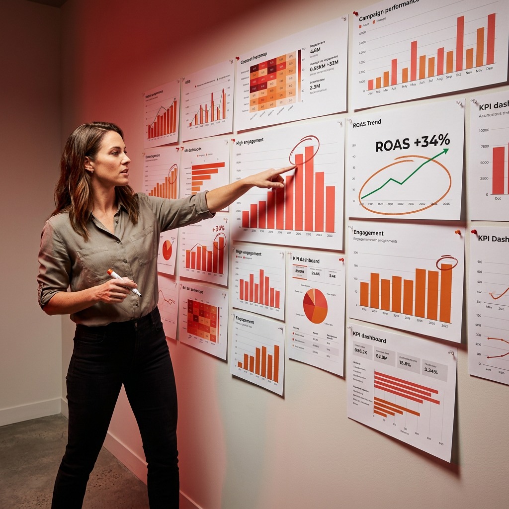 Marketing professional analyzing campaign performance metrics and results