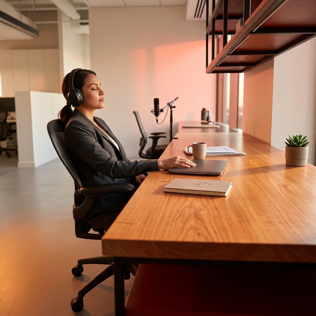 Business professional listening to branded podcast content during work session