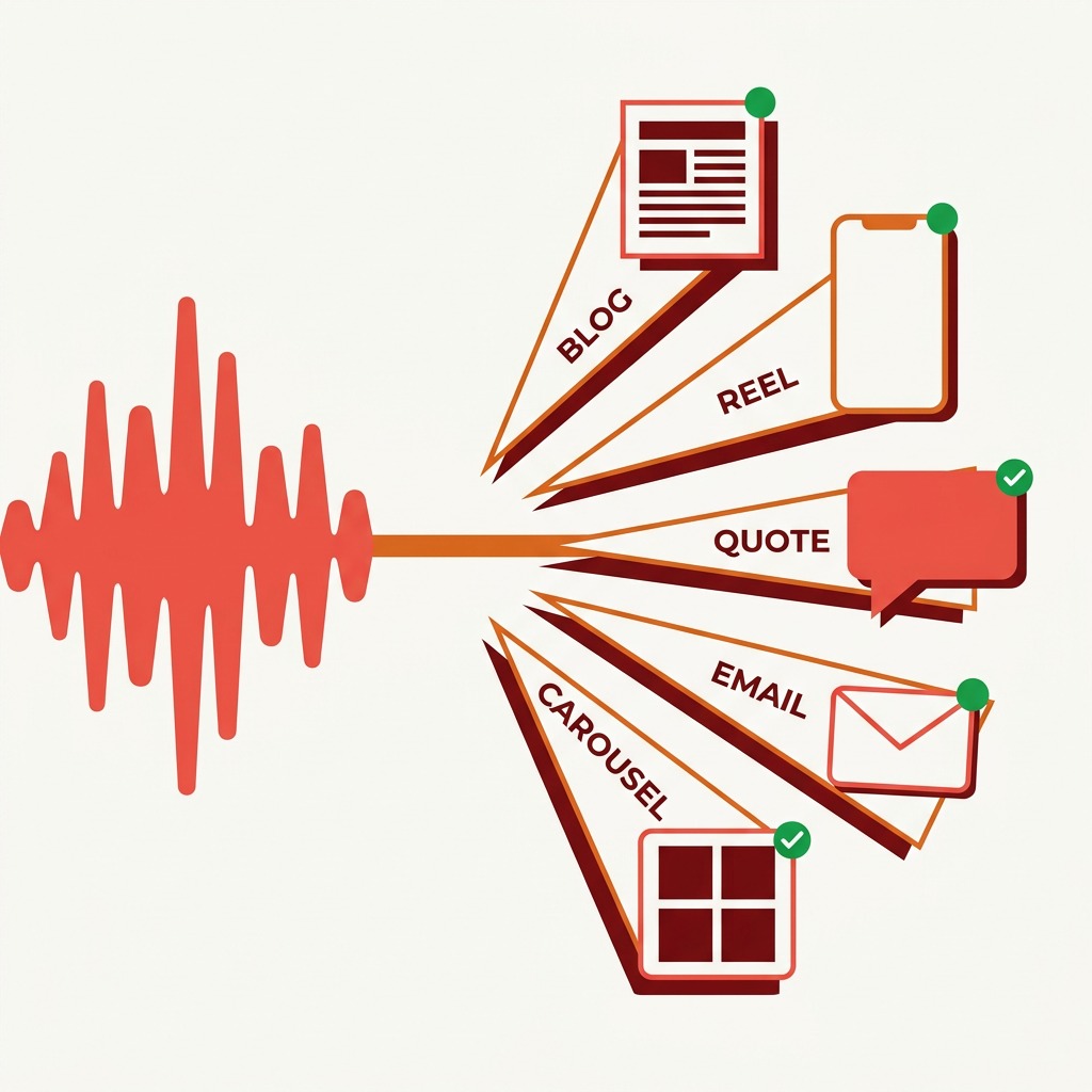 Content repurposing strategy materials showing podcast audio transformed into multiple formats