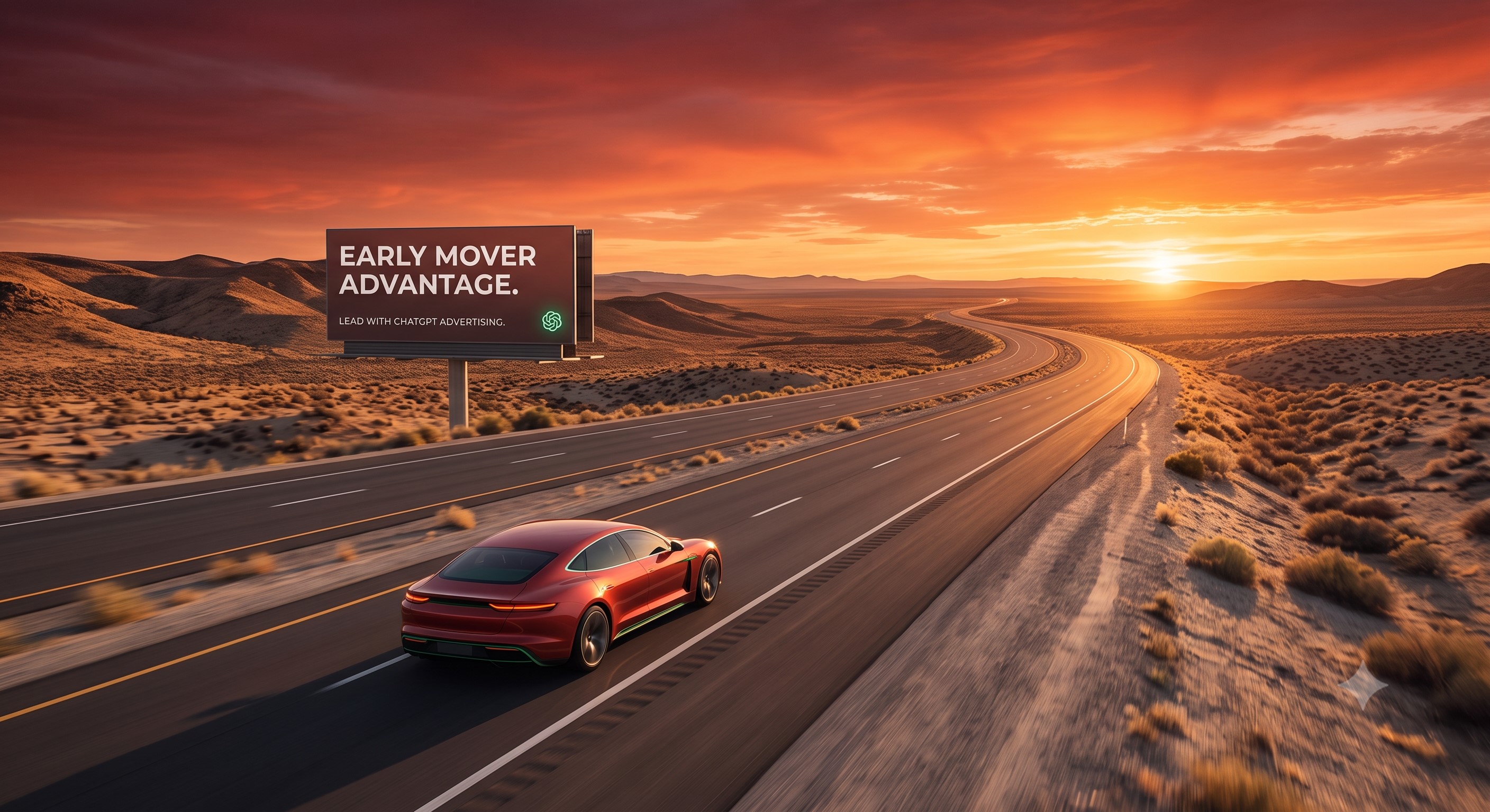 Open road at golden hour representing early mover advantage in ChatGPT advertising.