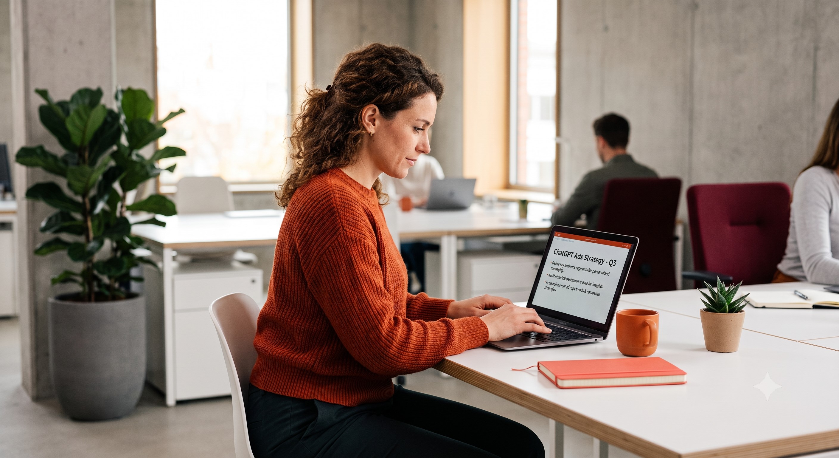 Marketing professional working on ChatGPT ads strategy at a laptop in a modern office.