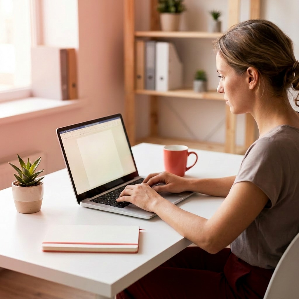 SEO copywriter working at a clean desk for professional content marketing