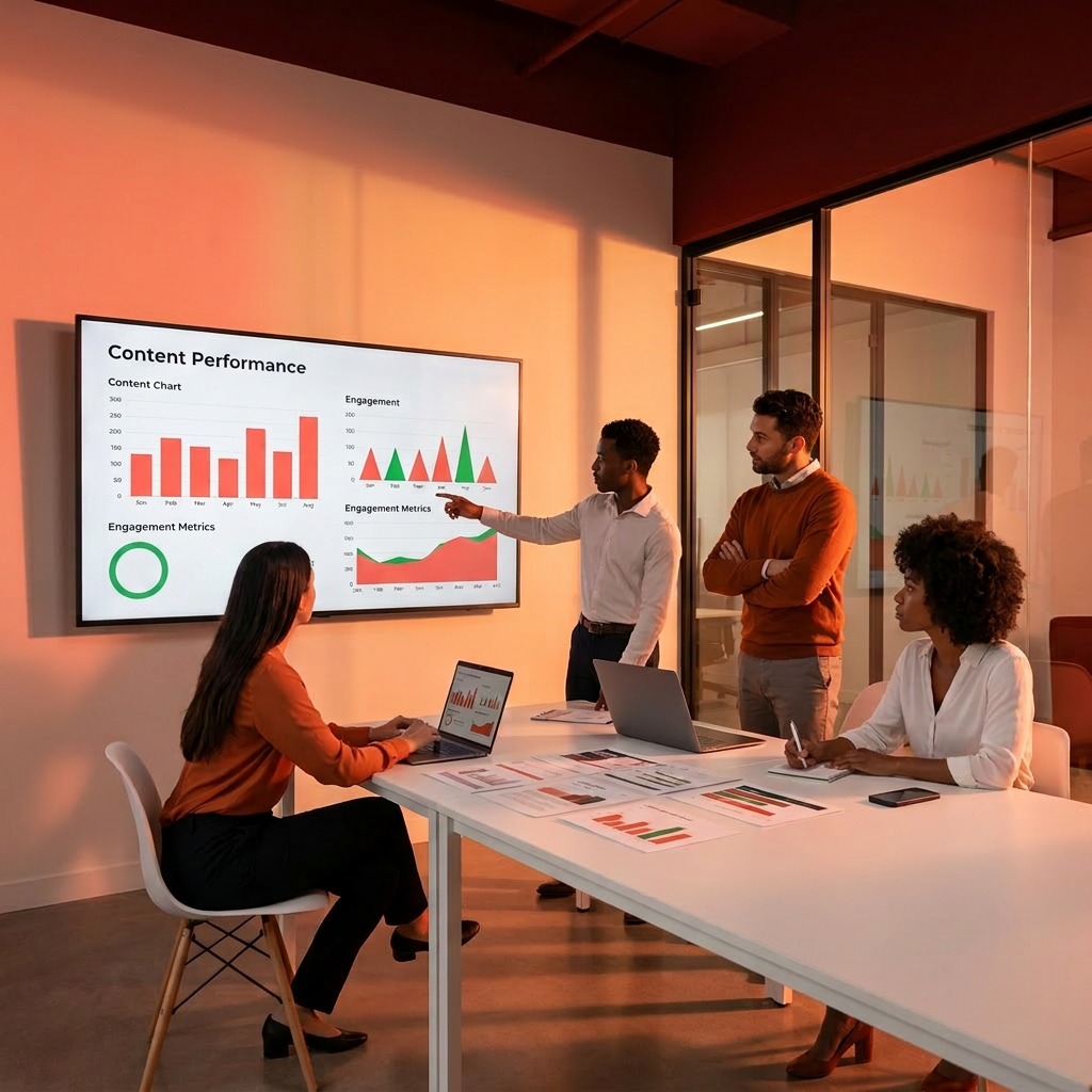 Marketing team reviewing content performance data in a modern agency office