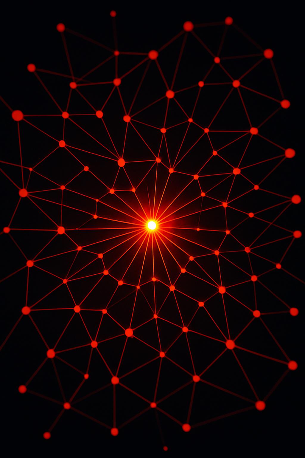 Abstract AI search network visualization with warm red and orange interconnected nodes