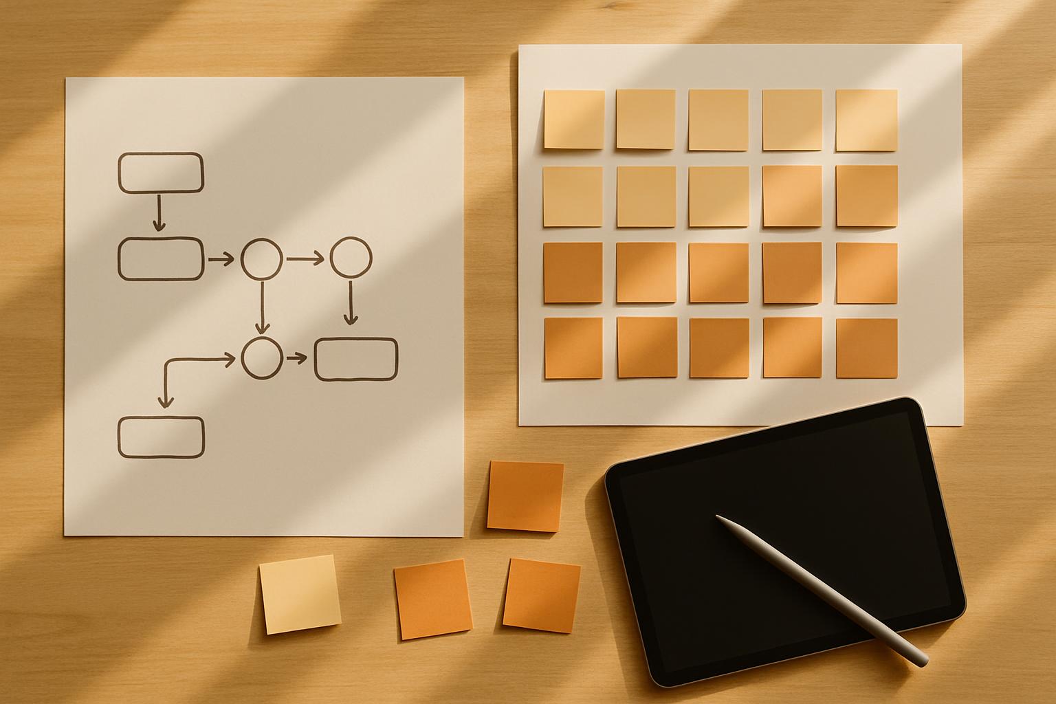 Content execution workflow flat-lay with calendar planning sheets and tablet on desk