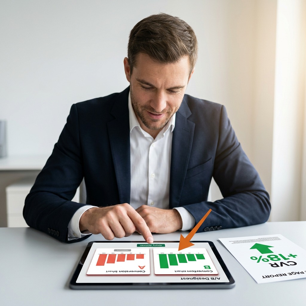Designer reviewing A/B test comparison results on a tablet for conversion optimization