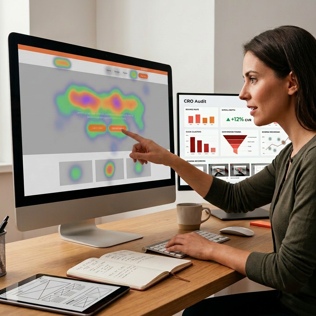 UX analyst reviewing website heatmap data during a CRO audit
