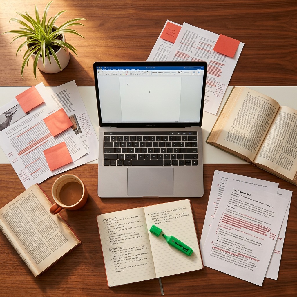 Writer surrounded by research materials representing blog and editorial content creation