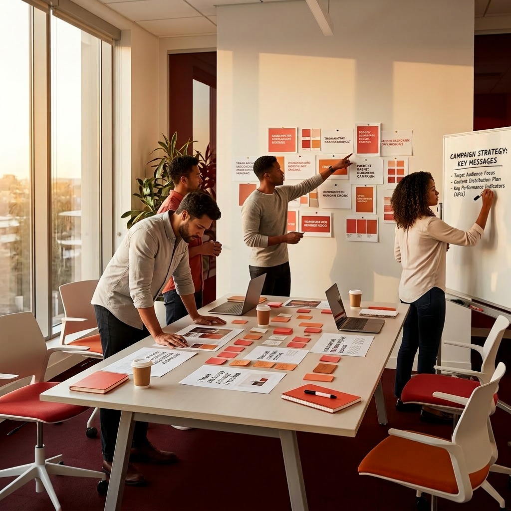 Creative team collaborating on advertising campaign copy in a modern agency environment