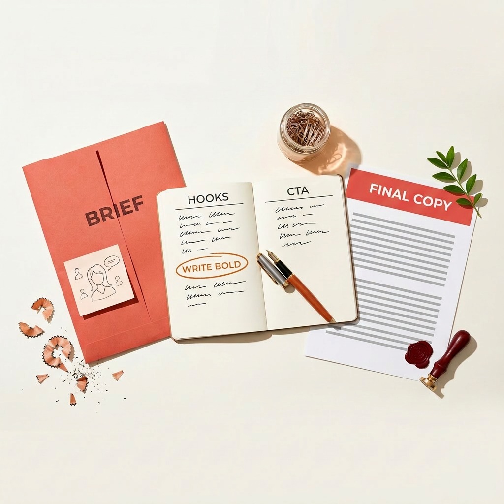 Clean editorial workspace flat lay representing professional copywriting process