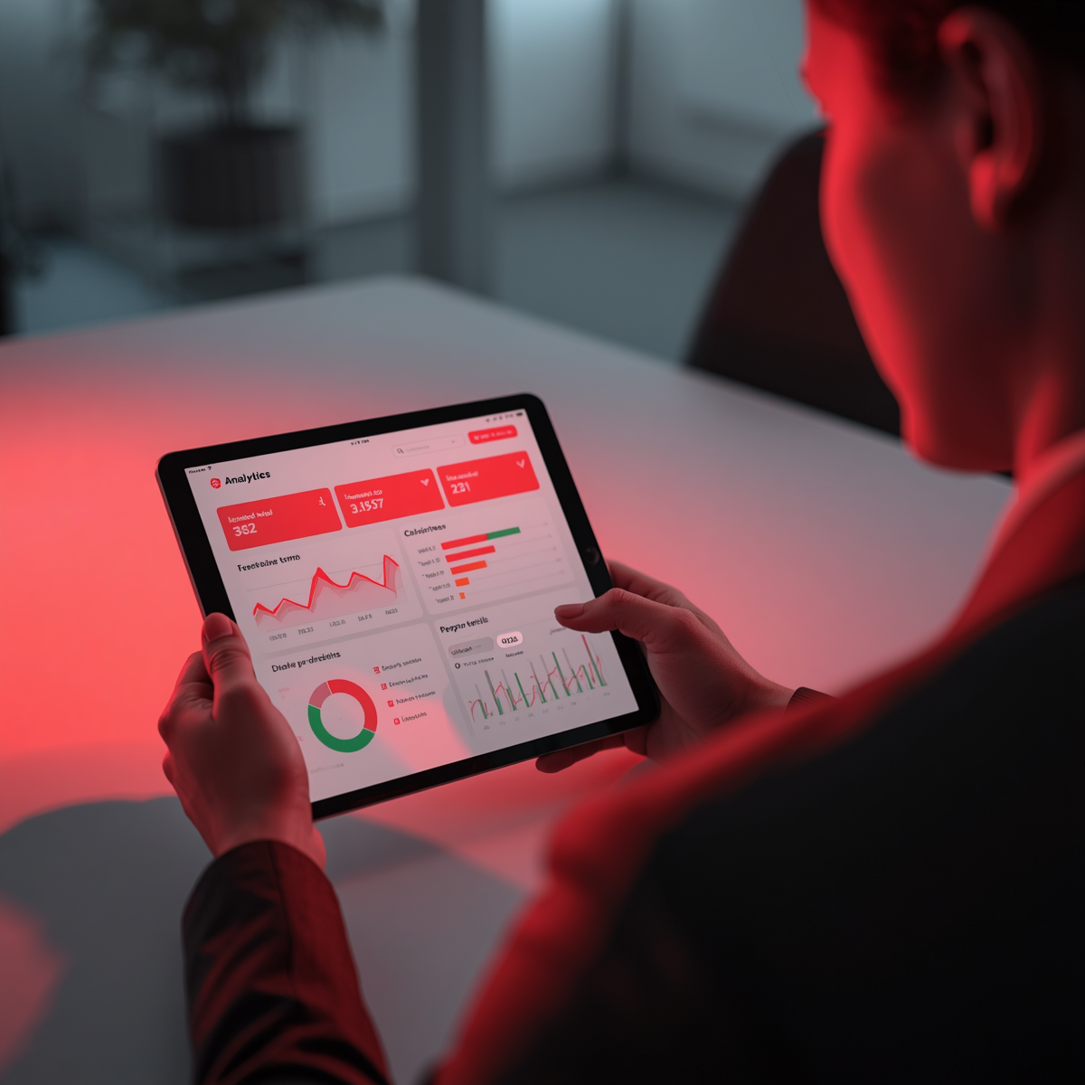 B2B professional reviewing email newsletter performance data on tablet