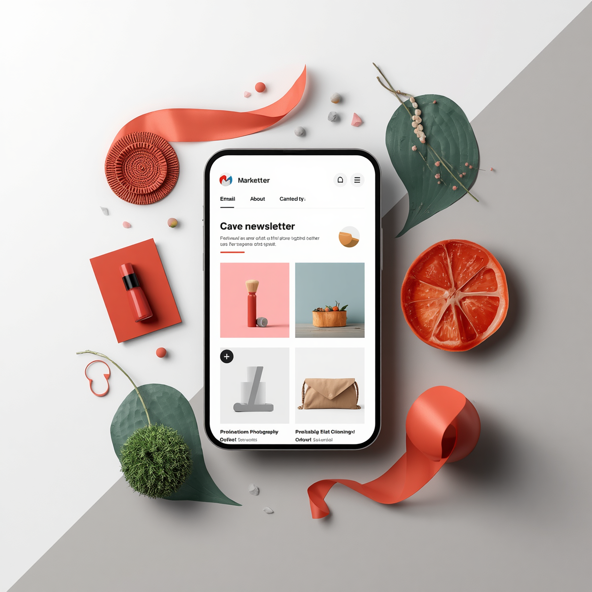 E-commerce email newsletter marketing concept with inbox and product flatlay
