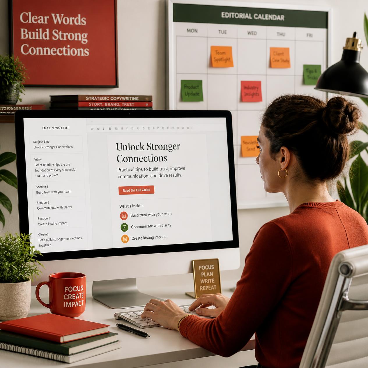 Content marketer typing on laptop at a clean desk representing content marketing services